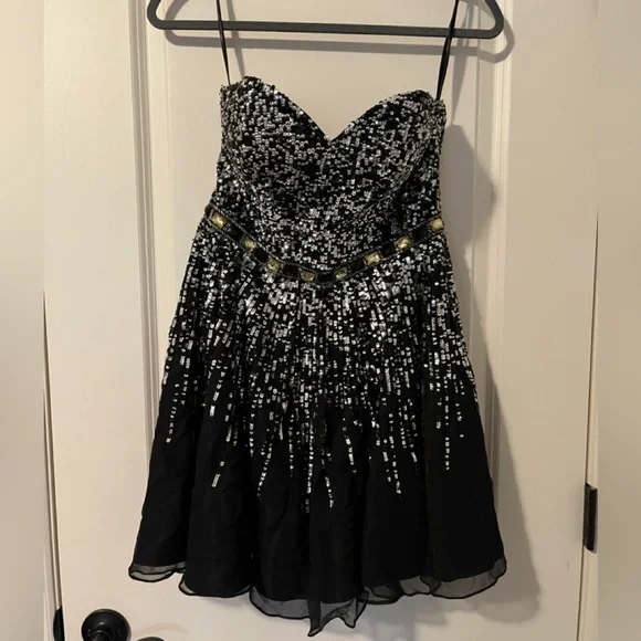 slim fit dress slacks SHERRI HILL Style #53171 Black/Gold High Neckline Open Back Beaded Coc   Style Exchange Boutique PGH